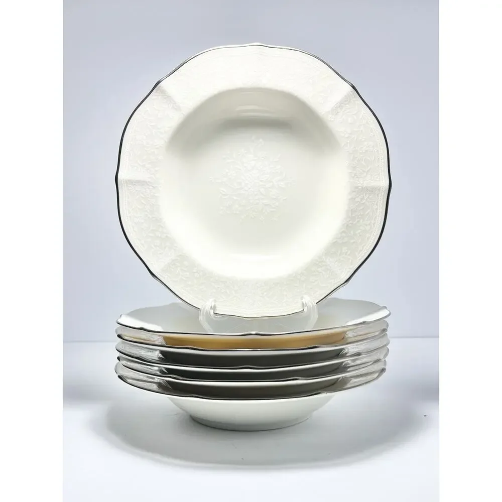 Noritake “Chandon, Platinum” Set of 6 Bone China Rim Soup Bowls 8 1/4”